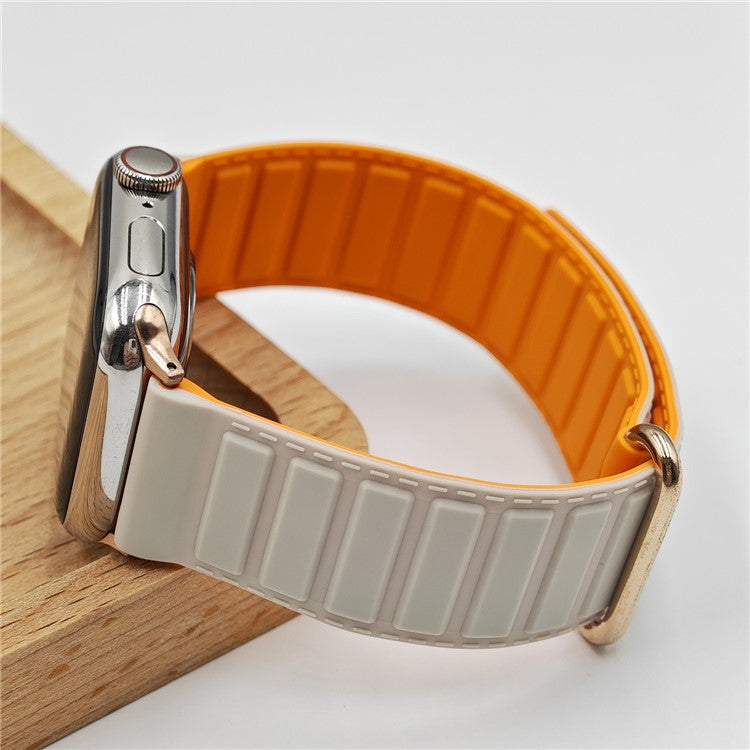 Silicone Strap for Apple Watch Series 10 9 8 7 SE 6 5 4 3 2 1 42mm 41mm 40mm 38mm Magnetic Reverse Buckle Watch Band - Starlight+Orange