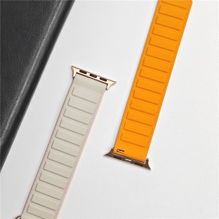 Silicone Strap for Apple Watch Series 10 9 8 7 SE 6 5 4 3 2 1 42mm 41mm 40mm 38mm Magnetic Reverse Buckle Watch Band - Starlight+Orange