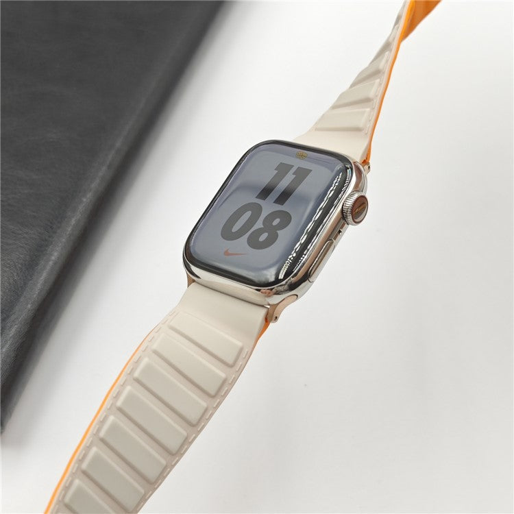 Silicone Strap for Apple Watch Series 10 9 8 7 SE 6 5 4 3 2 1 42mm 41mm 40mm 38mm Magnetic Reverse Buckle Watch Band - Starlight+Orange
