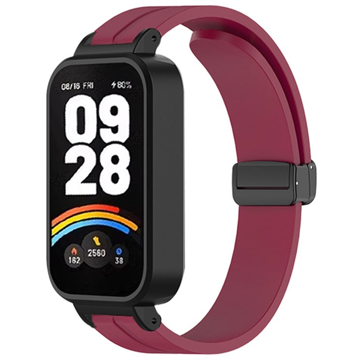 For Xiaomi Smart Band 9 Active / Redmi Band 3 Silicone Watch Band Magnetic Folding Buckle Wrist Strap - Wine Red