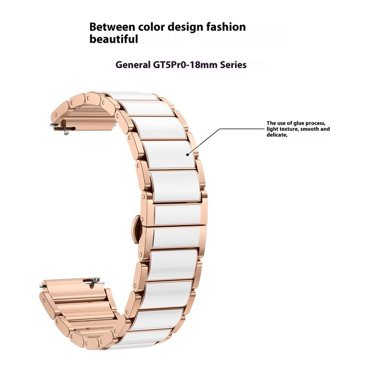 18mm Ceramic Metal Watch Band For Huawei Watch GT 5 Pro 42mm  /  GT 5 41mm  /  GT 4 41mm Quick Release Butterfly Clasp Strap - White  /  Rose Gold