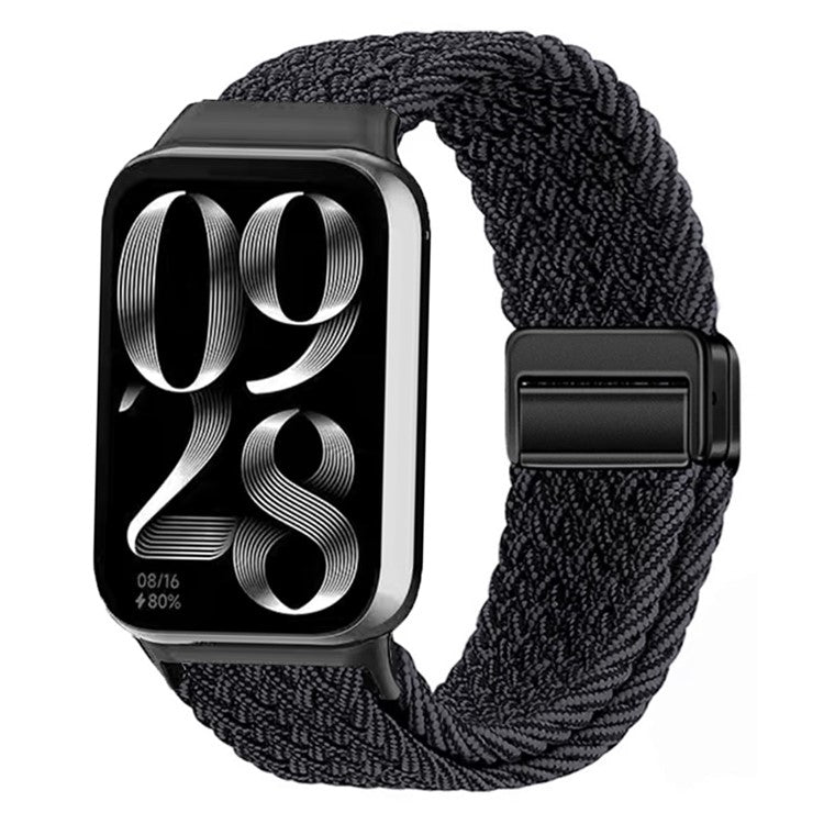 Watch Strap For Xiaomi Smart Band 9 Pro / Band 8 Pro / Redmi Watch 5 / Watch 4 Magnetic Stretchy Nylon Woven Band - Metallic Black + Black Buckle)