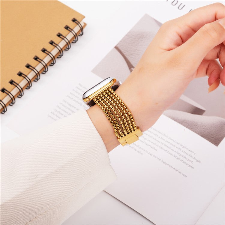 Metal Strap For Apple Watch Series 10 Ultra 9 8 7 SE 6 5 4 3 2 1 46mm 49mm 45mm 44mm 42mm , 6-Link Chain Stainless Steel Watch Band - Gold