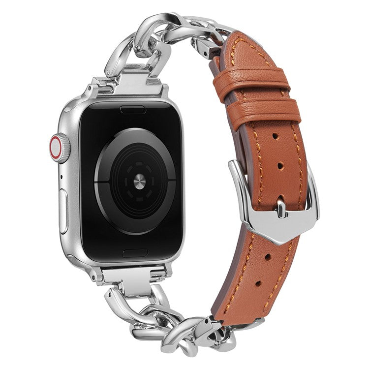 KALEBOL Replacement Strap for Apple Watch Series 10 9 8 7 SE 6 5 4 3 2 1 42mm 41mm 40mm 38mm Leather Chain Watch Band - Brown