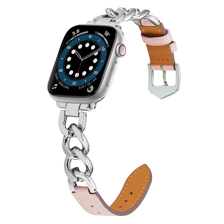 KALEBOL Leather Chain Strap for Apple Watch Series 10 Ultra 9 8 7 SE 6 5 4 3 2 1 46mm 49mm 45mm 44mm 42mm Watch Band - Pink / Silver