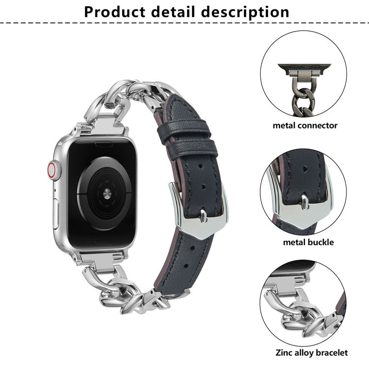 KALEBOL Leather Chain Strap for Apple Watch Series 10 Ultra 9 8 7 SE 6 5 4 3 2 1 46mm 49mm 45mm 44mm 42mm Watch Band - Pink / Silver