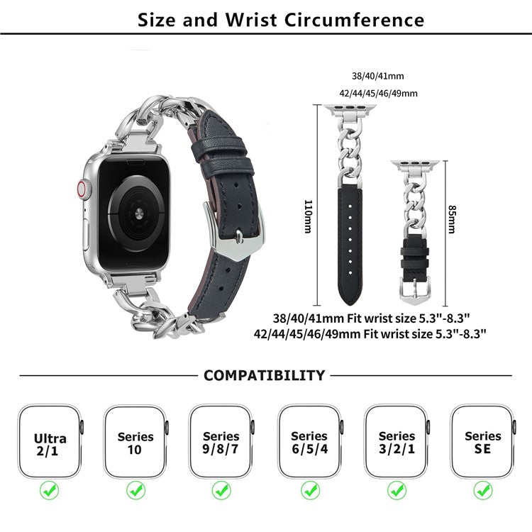 KALEBOL Leather Chain Strap for Apple Watch Series 10 Ultra 9 8 7 SE 6 5 4 3 2 1 46mm 49mm 45mm 44mm 42mm Watch Band - Pink / Silver