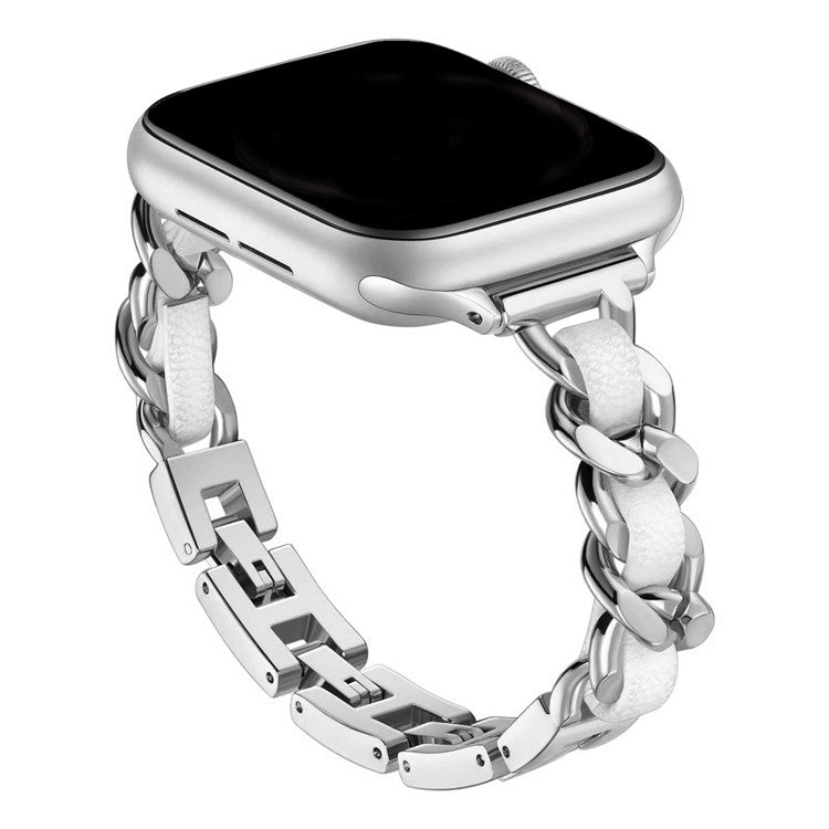 KALEBOL Single Row Beaded Strap for Apple Watch Series 10 9 8 7 SE 6 5 4 3 2 1 42mm 41mm 40mm 38mm Zinc Alloy Watchband - Silver / White