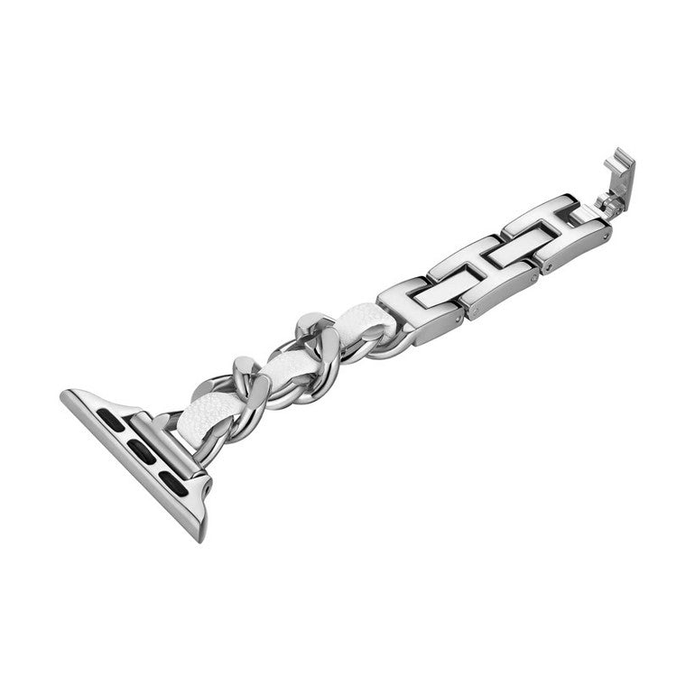 KALEBOL Single Row Beaded Strap for Apple Watch Series 10 9 8 7 SE 6 5 4 3 2 1 42mm 41mm 40mm 38mm Zinc Alloy Watchband - Silver / White