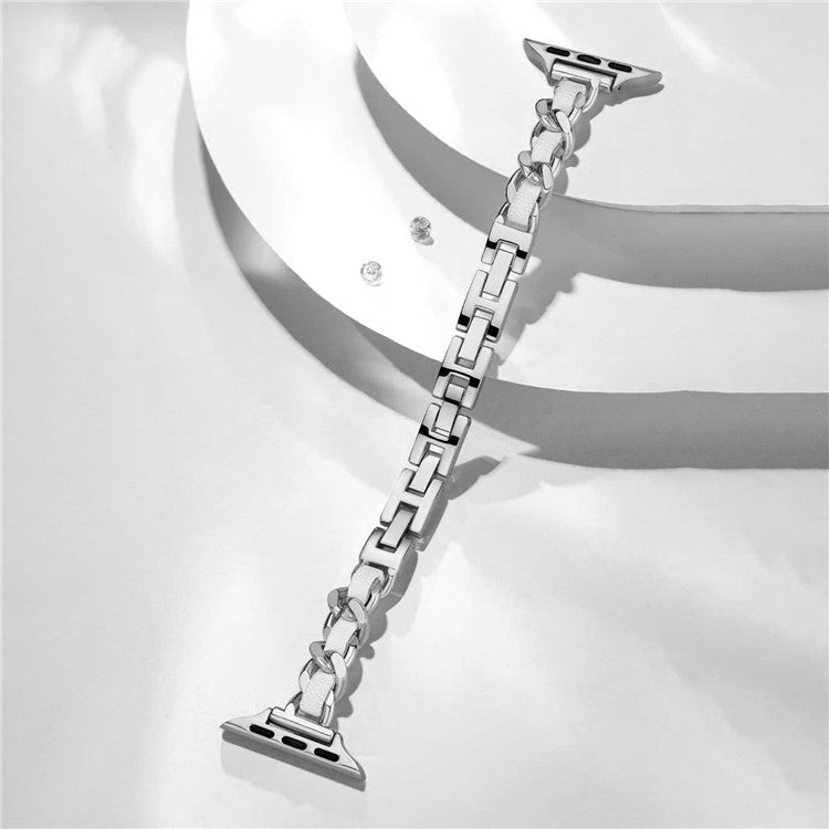 KALEBOL Single Row Beaded Strap for Apple Watch Series 10 9 8 7 SE 6 5 4 3 2 1 42mm 41mm 40mm 38mm Zinc Alloy Watchband - Silver / White