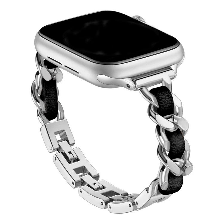KALEBOL Single Row Beaded Strap for Apple Watch Series 10 9 8 7 SE 6 5 4 3 2 1 42mm 41mm 40mm 38mm Zinc Alloy Watchband - Silver / Black