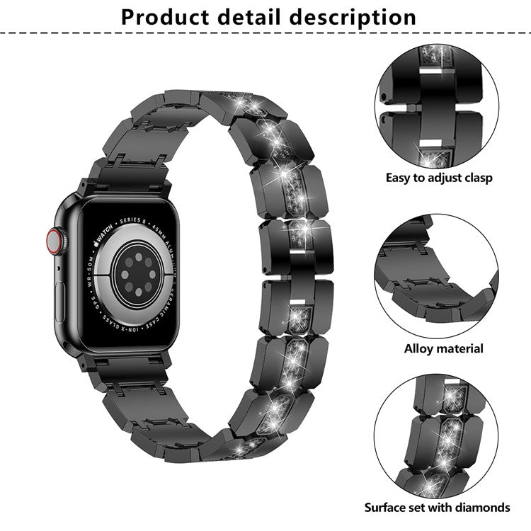 KALEBOL Rhinestone Watch Band for Apple Watch Series 10 9 8 7 SE 6 5 4 3 2 1 42mm 41mm 40mm 38mm Grid Block Zinc Alloy Strap - Champagne