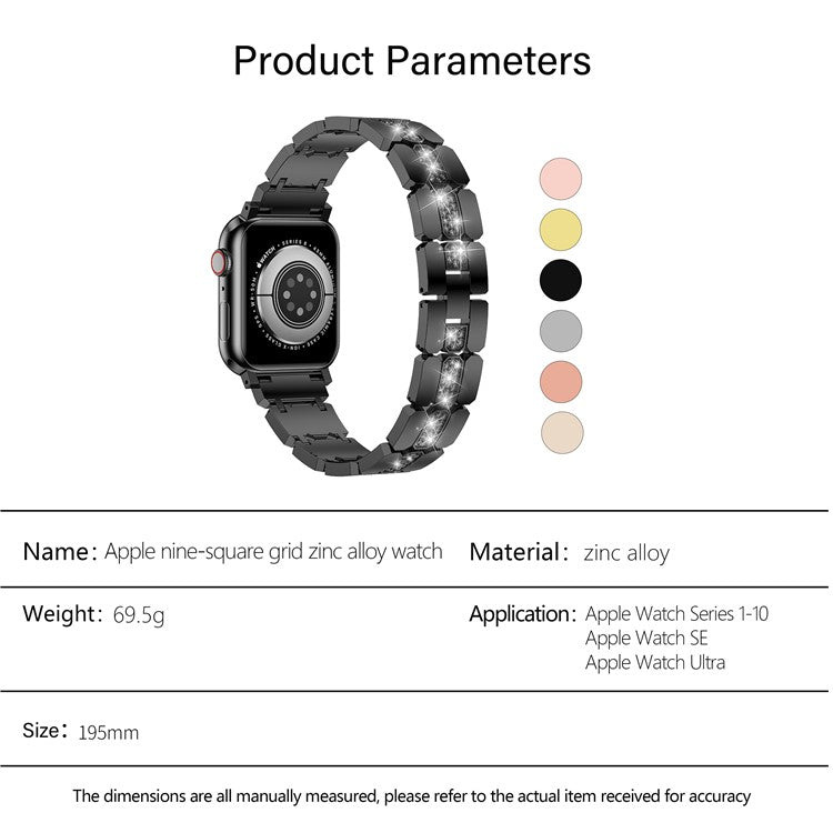 KALEBOL Rhinestone Watch Band for Apple Watch Series 10 9 8 7 SE 6 5 4 3 2 1 42mm 41mm 40mm 38mm Grid Block Zinc Alloy Strap - Champagne