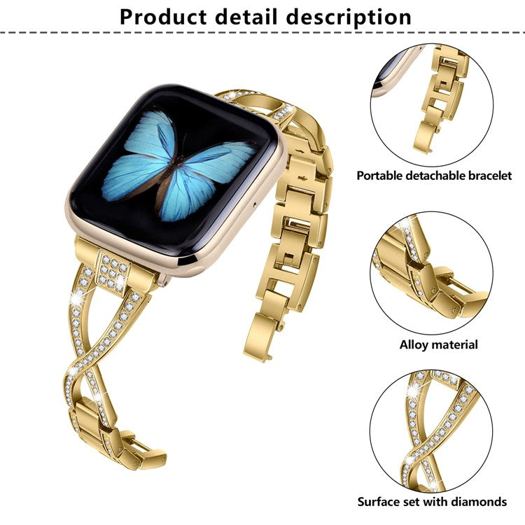 KALEBOL Cross Watch Band for Apple Watch Series 10 9 8 7 SE 6 5 4 3 2 1 42mm 41mm 40mm 38mm Rhinestone Zinc Alloy Wrist Strap - Gold