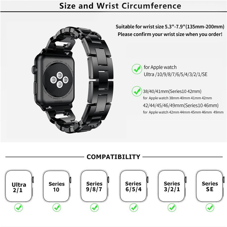 KALEBOL Square Watch Band for Apple Watch Series 10 9 8 7 SE 6 5 4 3 2 1 42mm 41mm 40mm 38mm Zinc Alloy Rhinestone Wrist Strap - Silver