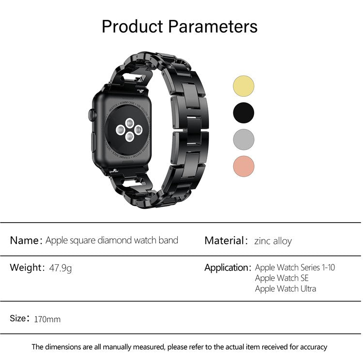 KALEBOL Square Watch Band for Apple Watch Series 10 9 8 7 SE 6 5 4 3 2 1 42mm 41mm 40mm 38mm Zinc Alloy Rhinestone Wrist Strap - Silver