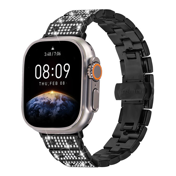 Watch Band For Apple Watch Series 10 Ultra 9 8 7 SE 6 5 4 3 2 1 46mm 49mm 45mm 44mm 42mm Alloy Rhinestones Decor Strap - Black