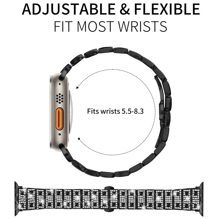 Watch Band For Apple Watch Series 10 Ultra 9 8 7 SE 6 5 4 3 2 1 46mm 49mm 45mm 44mm 42mm Alloy Rhinestones Decor Strap - Black