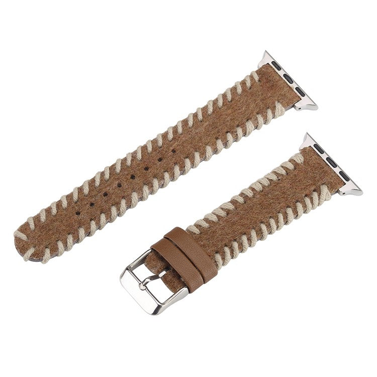 Watch Strap for Apple Watch Series 10 9 8 7 SE 6 5 4 3 2 1 42mm 41mm 40mm 38mm Woolen Fabric Hand-Stitched Band - Beige+Brown
