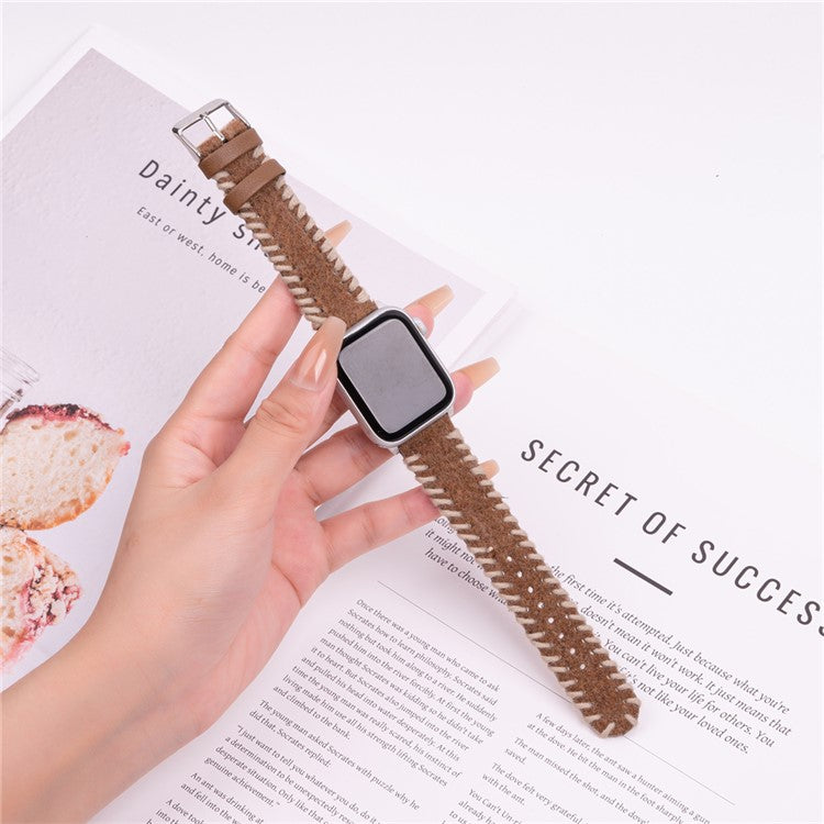 Watch Strap for Apple Watch Series 10 9 8 7 SE 6 5 4 3 2 1 42mm 41mm 40mm 38mm Woolen Fabric Hand-Stitched Band - Beige+Brown
