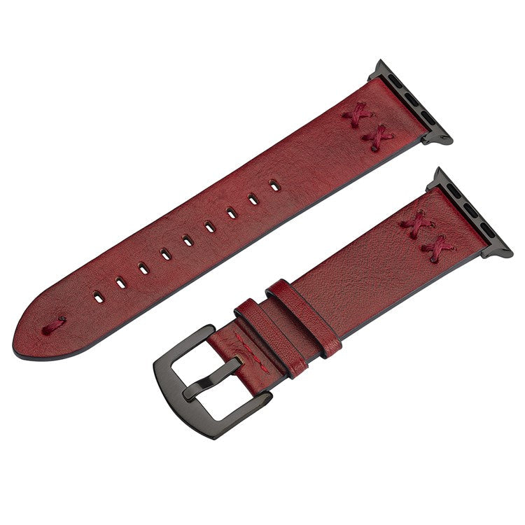 Watch Strap for Apple Watch Series 10 Ultra 9 8 7 SE 6 5 4 3 2 1 46mm 49mm 45mm 44mm 42mm Hand Stitched Lines Genuine Cow Leather Band - Red