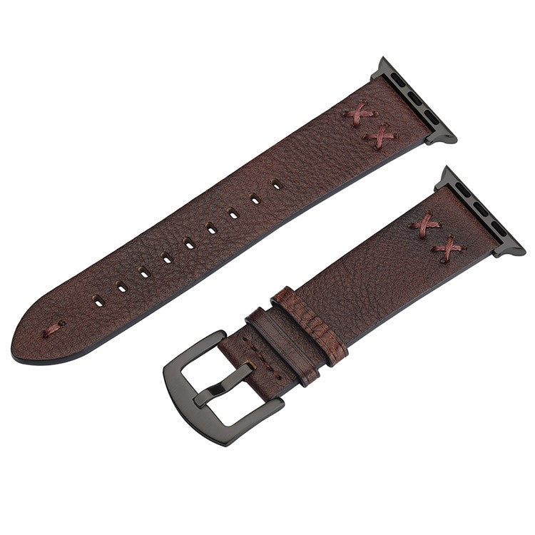 Watch Strap for Apple Watch Series 10 Ultra 9 8 7 SE 6 5 4 3 2 1 46mm 49mm 45mm 44mm 42mm Hand Stitched Lines Genuine Cow Leather Band - Coffee