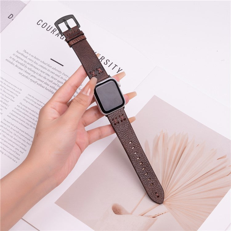 Watch Strap for Apple Watch Series 10 Ultra 9 8 7 SE 6 5 4 3 2 1 46mm 49mm 45mm 44mm 42mm Hand Stitched Lines Genuine Cow Leather Band - Coffee