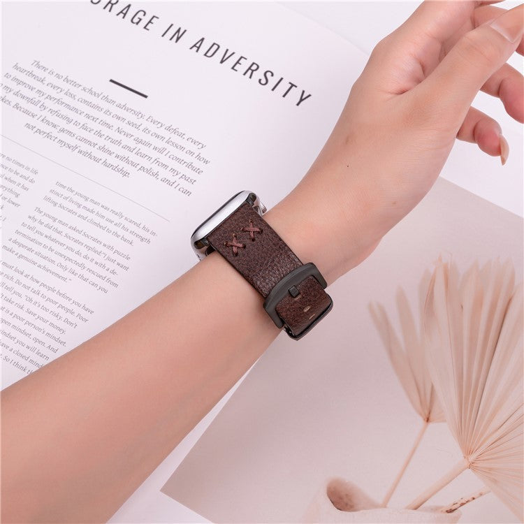 Watch Strap for Apple Watch Series 10 Ultra 9 8 7 SE 6 5 4 3 2 1 46mm 49mm 45mm 44mm 42mm Hand Stitched Lines Genuine Cow Leather Band - Coffee