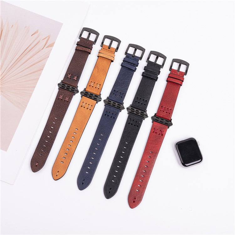Watch Strap for Apple Watch Series 10 Ultra 9 8 7 SE 6 5 4 3 2 1 46mm 49mm 45mm 44mm 42mm Hand Stitched Lines Genuine Cow Leather Band - Coffee