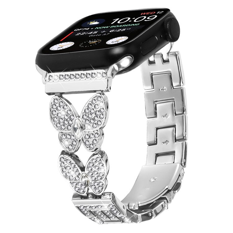 Watch Band For Apple Watch Series 10 Ultra 9 8 7 SE 6 5 4 3 2 1 46mm 49mm 45mm 44mm 42mm Butterfly Rhinestones Decor Silver Alloy Metal Strap