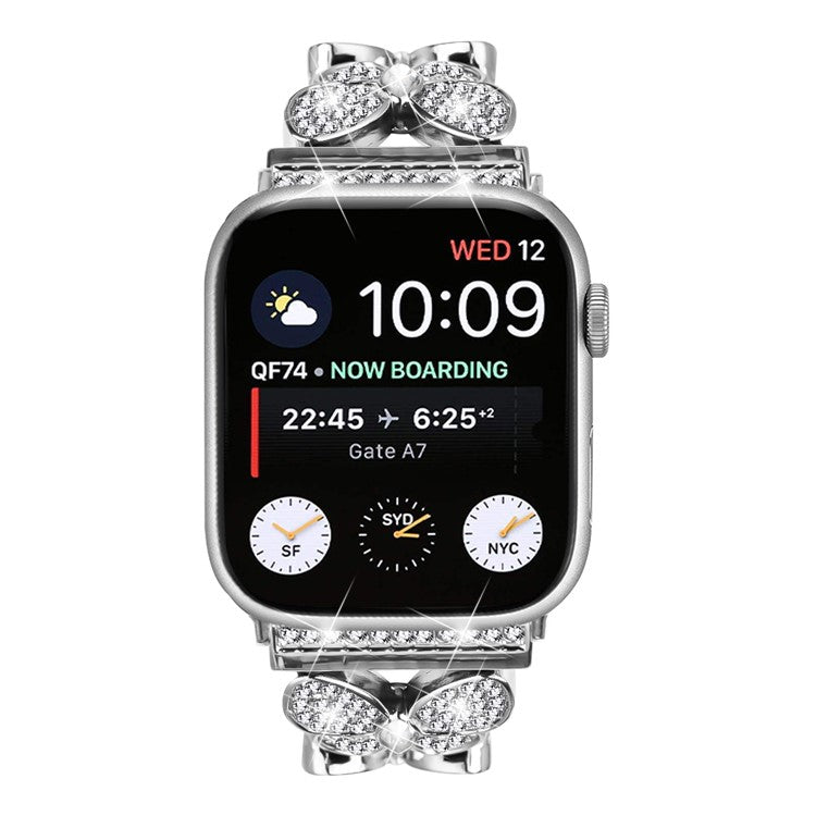 Watch Band For Apple Watch Series 10 Ultra 9 8 7 SE 6 5 4 3 2 1 46mm 49mm 45mm 44mm 42mm Butterfly Rhinestones Decor Silver Alloy Metal Strap