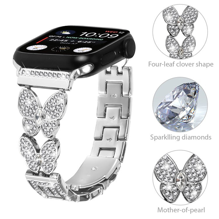 Watch Band For Apple Watch Series 10 Ultra 9 8 7 SE 6 5 4 3 2 1 46mm 49mm 45mm 44mm 42mm Butterfly Rhinestones Decor Silver Alloy Metal Strap