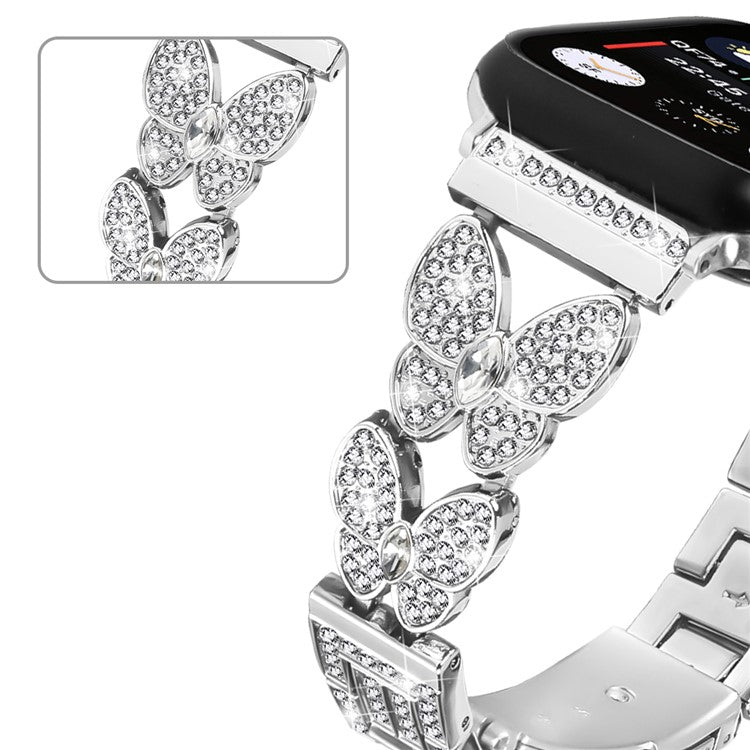 Watch Band For Apple Watch Series 10 Ultra 9 8 7 SE 6 5 4 3 2 1 46mm 49mm 45mm 44mm 42mm Butterfly Rhinestones Decor Silver Alloy Metal Strap