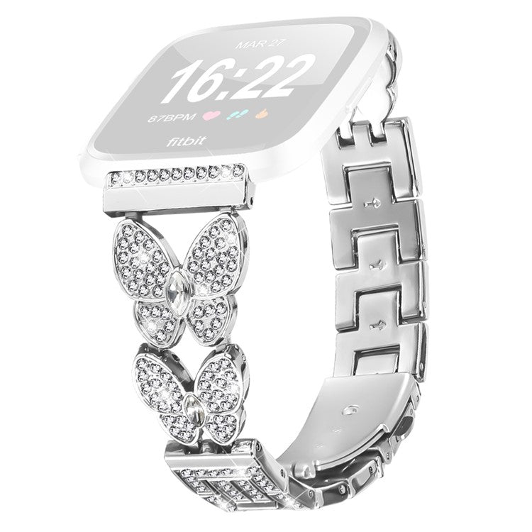 For Fitbit Versa / Versa 2 Watch Band Butterfly Rhinestones Decor Silver Alloy Metal Strap