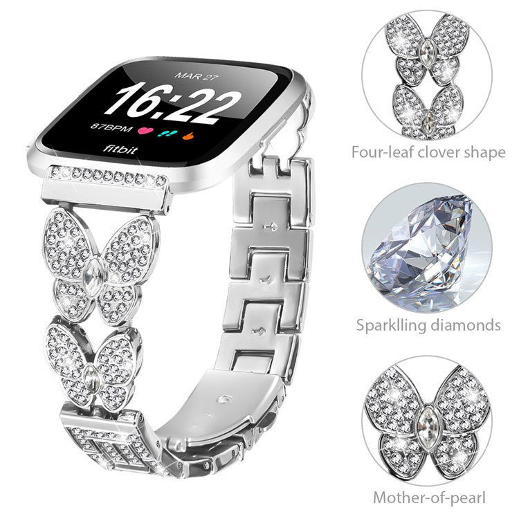 For Fitbit Versa / Versa 2 Watch Band Butterfly Rhinestones Decor Silver Alloy Metal Strap