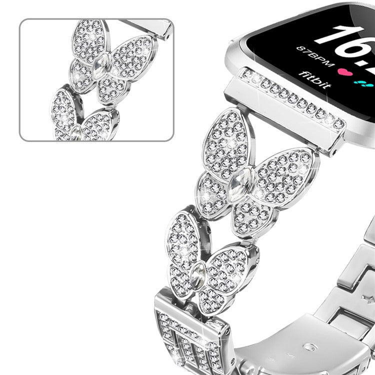 For Fitbit Versa / Versa 2 Watch Band Butterfly Rhinestones Decor Silver Alloy Metal Strap