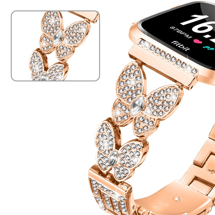 For Fitbit Versa / Versa 2 Watch Band Butterfly Rhinestones Decor Alloy Metal Strap - Rose Gold