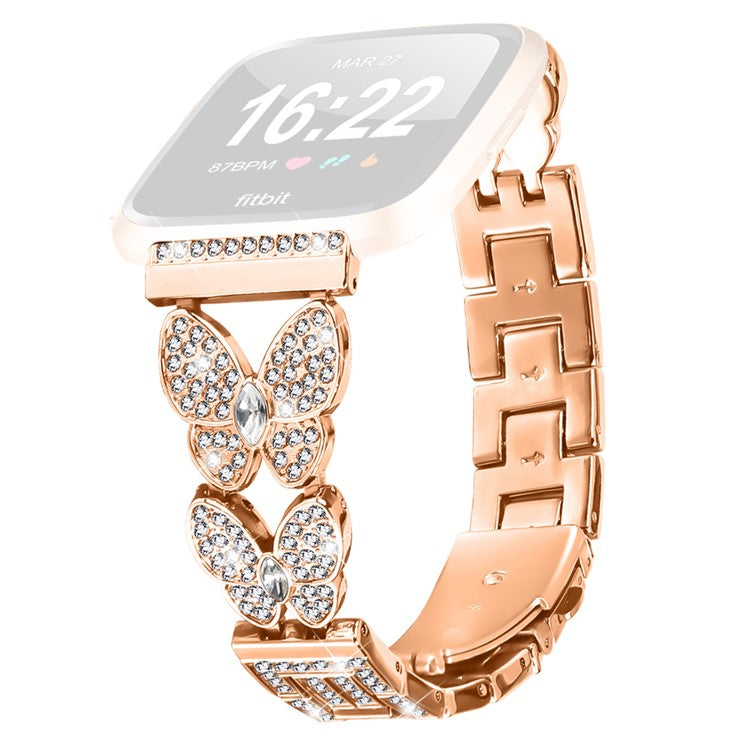 For Fitbit Versa Lite Watch Band Butterfly Rhinestones Decor Alloy Metal Strap - Rose Gold