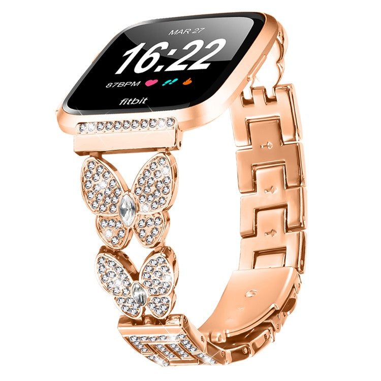 For Fitbit Versa Lite Watch Band Butterfly Rhinestones Decor Alloy Metal Strap - Rose Gold