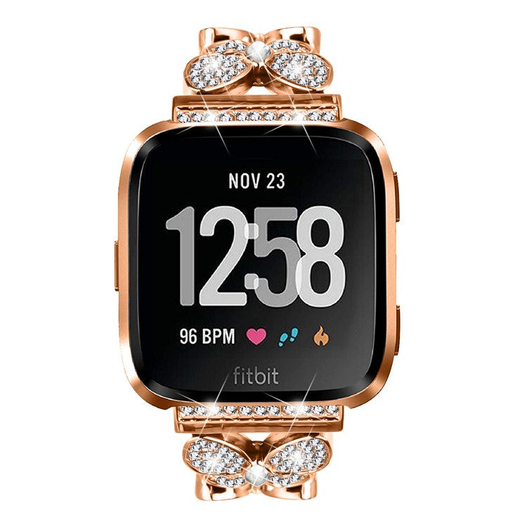 For Fitbit Versa Lite Watch Band Butterfly Rhinestones Decor Alloy Metal Strap - Rose Gold