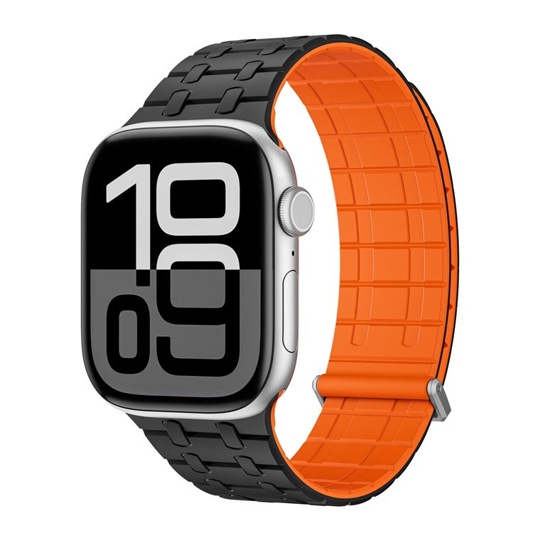 Silicone Watch Strap for Apple Watch Series 10 Ultra 9 8 7 SE 6 5 4 3 2 1 46mm 49mm 45mm 44mm 42mm Magnetic Aluminum Buckle Band - Black+Orange