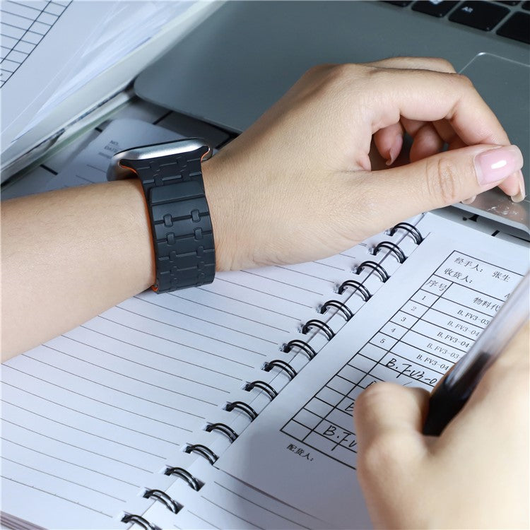 Silicone Watch Strap for Apple Watch Series 10 Ultra 9 8 7 SE 6 5 4 3 2 1 46mm 49mm 45mm 44mm 42mm Magnetic Aluminum Buckle Band - Black+Orange