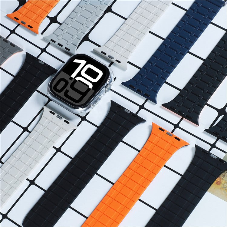 Silicone Watch Strap for Apple Watch Series 10 Ultra 9 8 7 SE 6 5 4 3 2 1 46mm 49mm 45mm 44mm 42mm Magnetic Aluminum Buckle Band - Black+Orange
