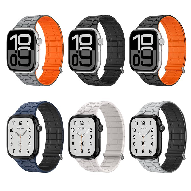 Silicone Watch Strap for Apple Watch Series 10 Ultra 9 8 7 SE 6 5 4 3 2 1 46mm 49mm 45mm 44mm 42mm Magnetic Aluminum Buckle Band - Black+Orange