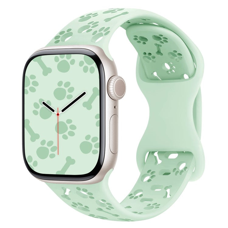 Silicone Band For Apple Watch Series 10 9 8 7 SE 6 5 4 3 2 1 42mm 41mm 40mm 38mm Dog Paw Bone Design Watch Strap - Light Mint