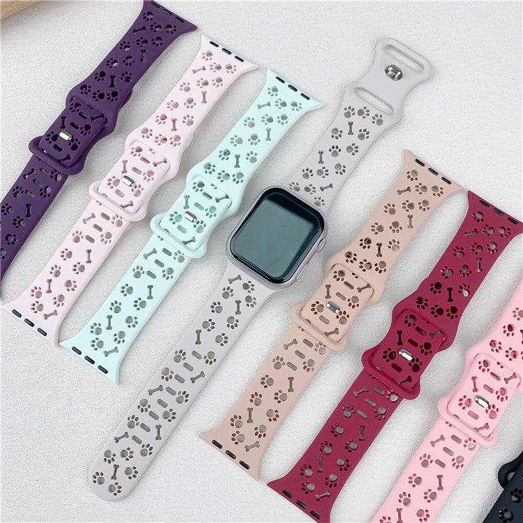 Silicone Band For Apple Watch Series 10 9 8 7 SE 6 5 4 3 2 1 42mm 41mm 40mm 38mm Dog Paw Bone Design Watch Strap - Light Mint
