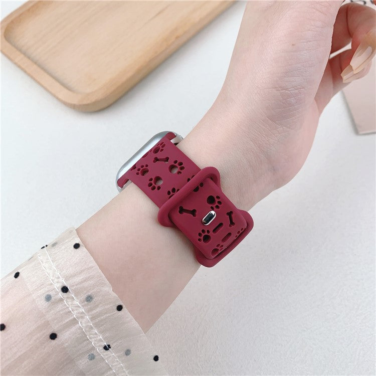 Silicone Band For Apple Watch Series 10 9 8 7 SE 6 5 4 3 2 1 42mm 41mm 40mm 38mm Dog Paw Bone Design Watch Strap - Light Mint