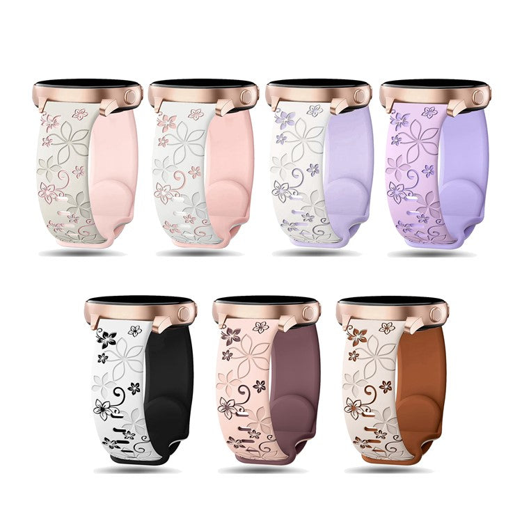 20mm Engraved Flower Silicone Strap For Samsung Galaxy Watch6 Classic 47mm  /  43mm  /  Watch6 44mm  /  40mm Dual Color Watch Band - Starlight  /  Pink