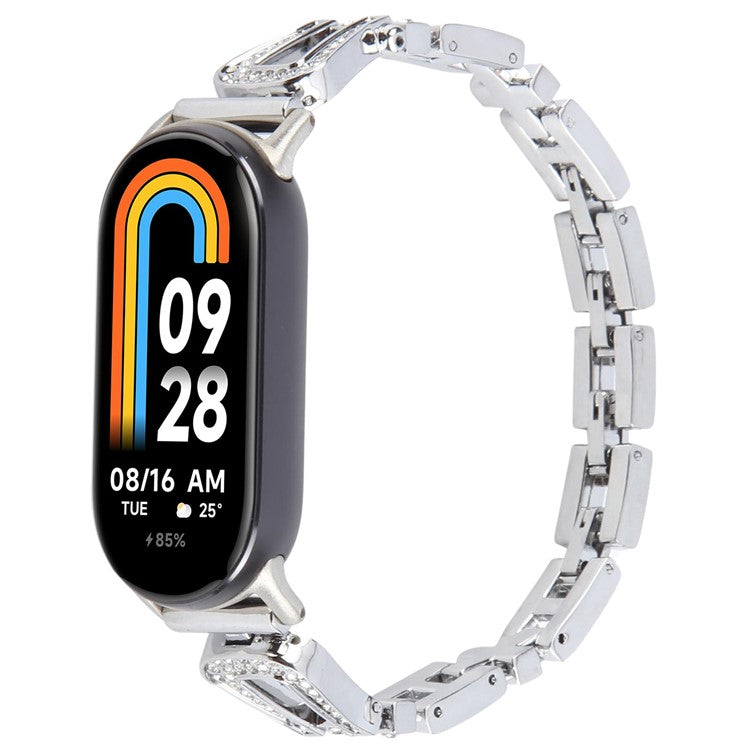 Metal Watch Strap for Xiaomi Smart Band 9 NFC / 9 / 8 U-Shaped Rhinestone Wrist Band - Silver