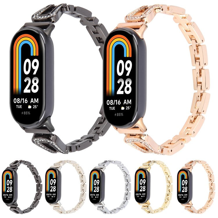 Metal Watch Strap for Xiaomi Smart Band 9 NFC / 9 / 8 U-Shaped Rhinestone Wrist Band - Silver